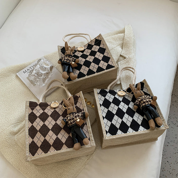 Damen Jute-Umhängetasche mit stilvollem Rautenmuster Nord Taschen