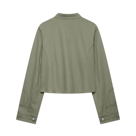 Damen Cropped Offiziersjacke im Military‑Look mit Stehkragen und dekorativen Druckknopfleisten Nord Taschen