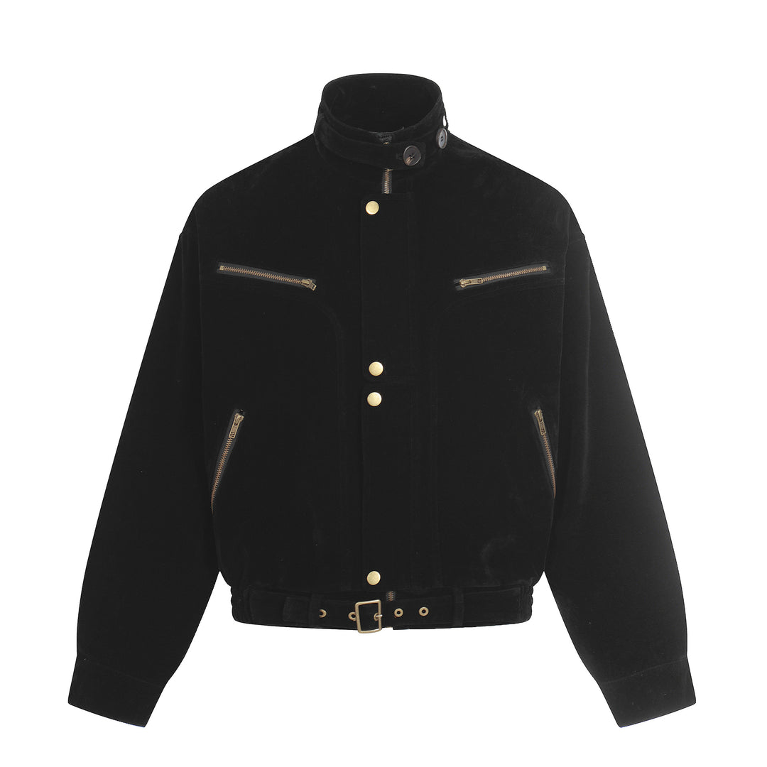 Herren Veloursleder-Blouson im Aviator‑Stil mit Stehkragen, Taillenriegel und Reißverschlusstaschen Nord Taschen
