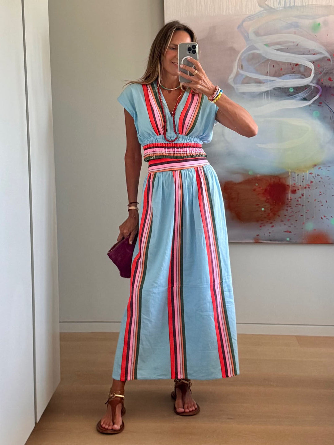Damen Strandmaxi-Kleid mit elastischem Taillenbund und buntem Streifenmuster