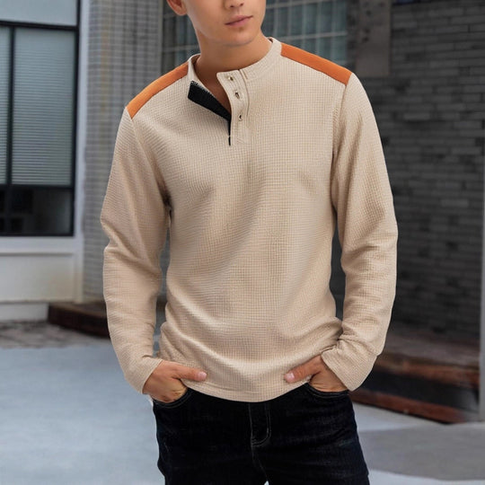 Herren strukturiertes Henley-Langarmshirt mit Stehkragen, Schulterpaspel und Waffelstruktur Nord Taschen