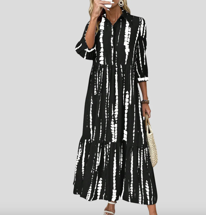 Damen Langarm Maxikleid mit modernen Streifenmuster und Taschen