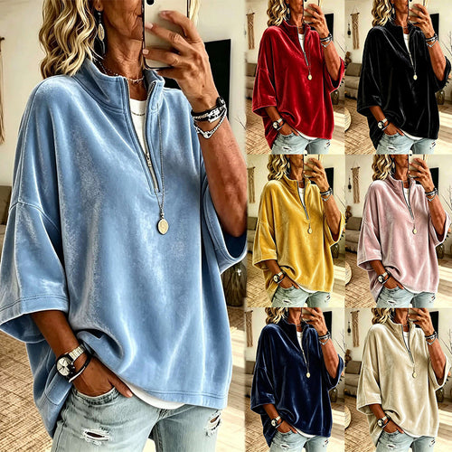 Damen Oversize Samt-Pullover mit kurzem Reißverschluss und Stehkragen Nord Taschen