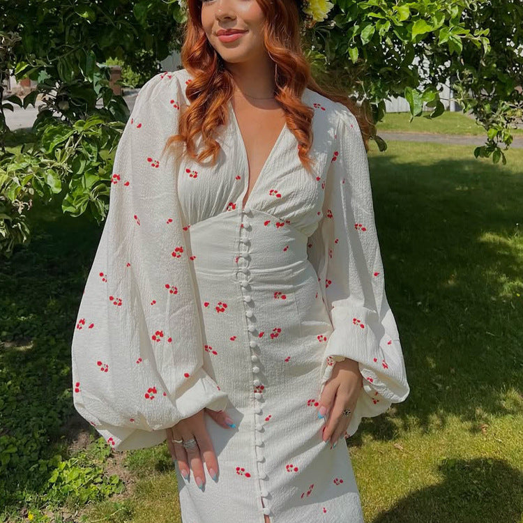 Damen Midikleid mit Puffärmeln, V-Ausschnitt und dekorativer Knopfleiste Nord Taschen