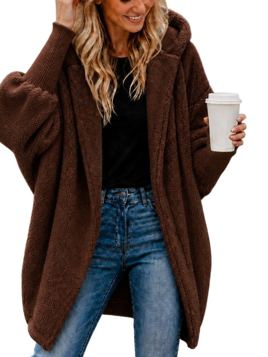 Damen Oversized Sherpa-Kapuzenmantel mit offenem Saum und Rippenbündchen Nord Taschen