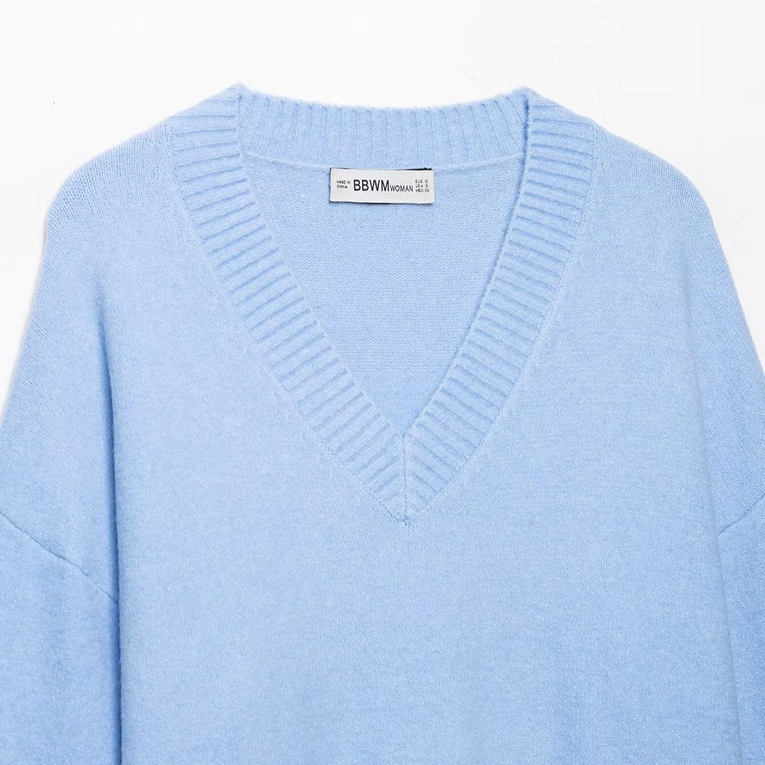 Damen Oversize V‑Ausschnitt Feinstrickpullover mit breitem Rippenbund Nord Taschen