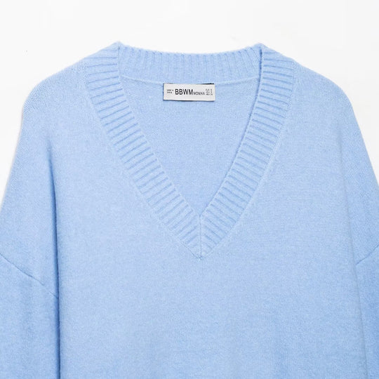 Damen Oversize V‑Ausschnitt Feinstrickpullover mit breitem Rippenbund Nord Taschen