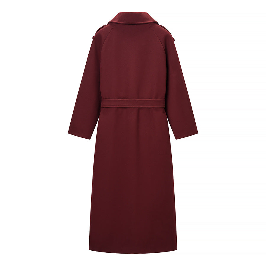 Damen Maxilanger Wollmix-Trenchcoat mit Schulterpasse, Bindegürtel und Krempelärmeln Nord Taschen