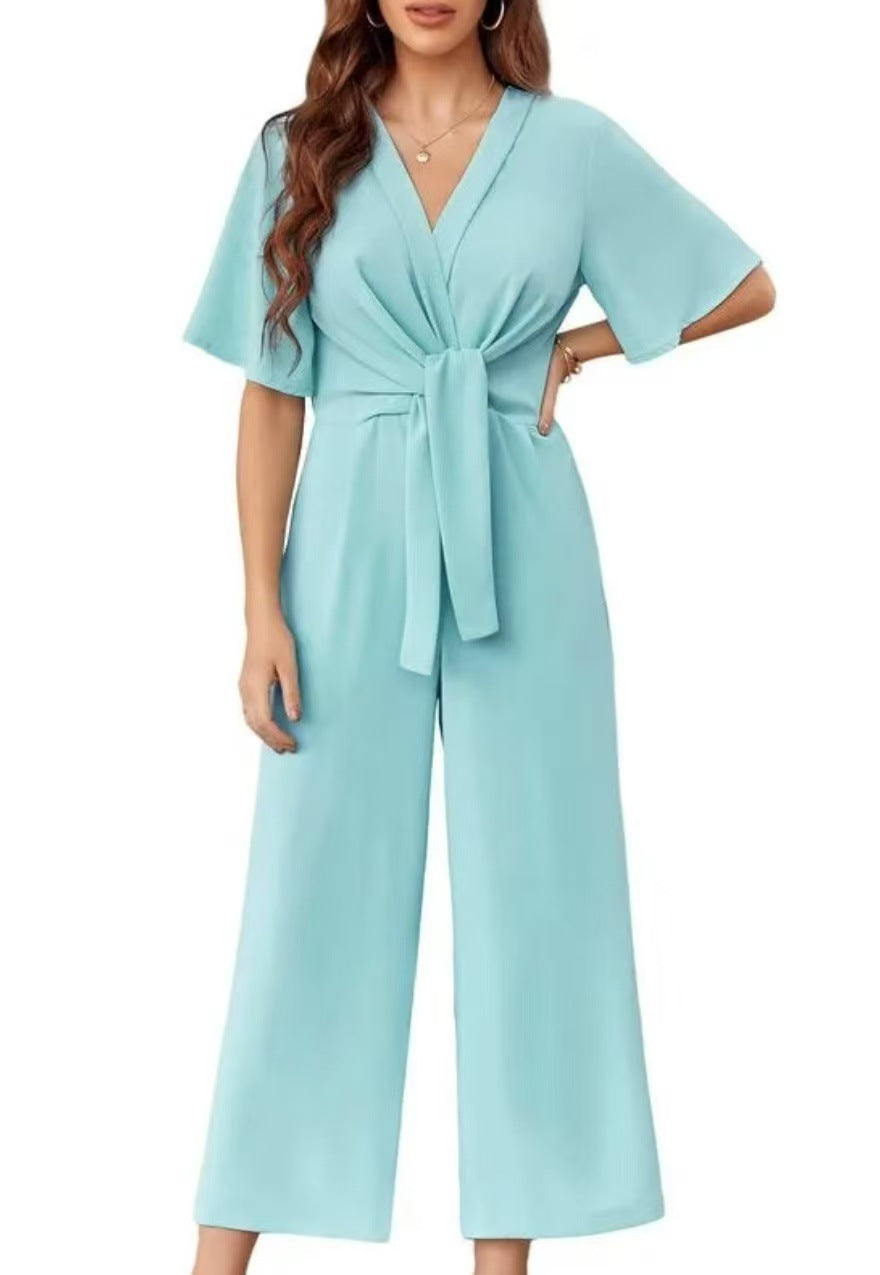 Damen eleganter Wickel-Jumpsuit mit weiten Beinen und Taillengürtel