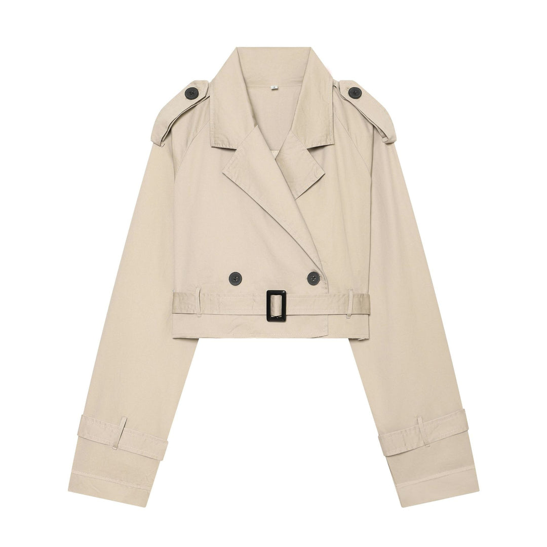Damen Cropped-Trenchcoat mit doppelreihiger Knopfleiste, Schulterklappen und Taillengürtel Nord Taschen