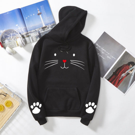Damen nan Kapuzenpullover mit gedrucktem Katzenmotiv, Kängurutasche und Pfotenapplikationen Nord Taschen