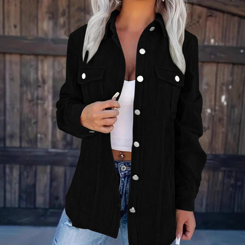 Damen Cord-Hemdjacke im Shacket-Stil mit Druckknopf-Leiste und Brusttaschen Nord Taschen