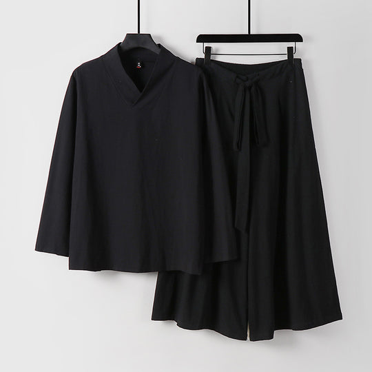 Damen Leichtes Leinen-Baumwoll Loungewear-Set mit V-Ausschnitt, weitem Midirock und Bindegürtel Nord Taschen