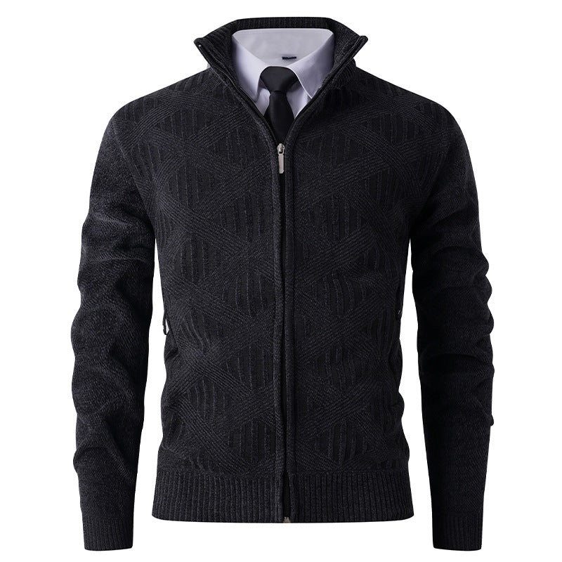 Herren Geometrischer Jacquard-Zipcardigan mit Stehkragen und Reißverschlusstaschen Nord Taschen