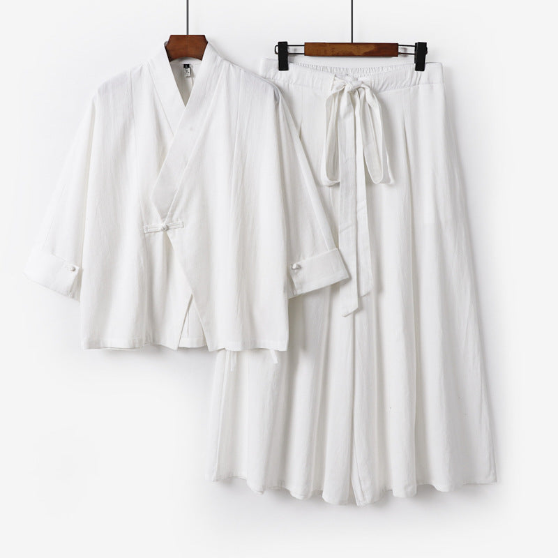 Damen Leichtes Kimono-Loungewear-Set mit V-Ausschnitt dreiviertelärmeln und weiten Palazzo-Hosen Nord Taschen