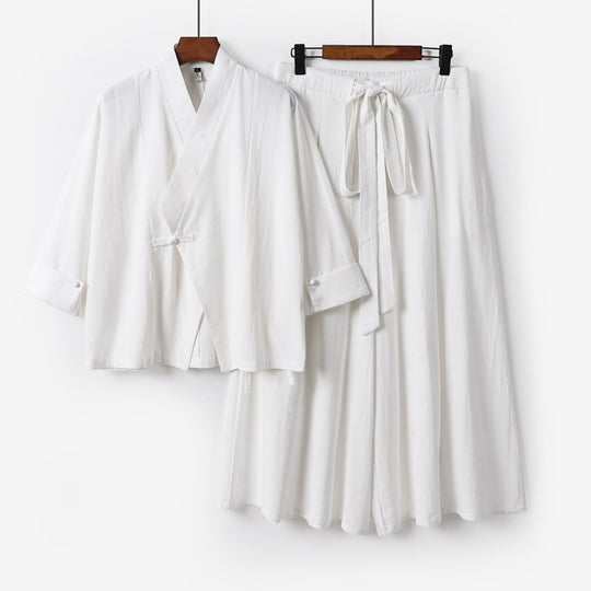 Damen Leichtes Kimono-Loungewear-Set mit V-Ausschnitt dreiviertelärmeln und weiten Palazzo-Hosen Nord Taschen