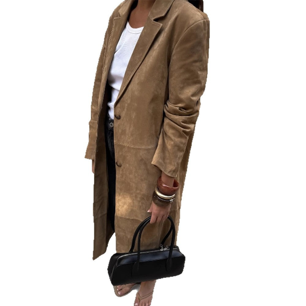 Damen Langmantel aus Veloursleder‑Optik mit schmalem Revers und cleanem Schnitt Nord Taschen