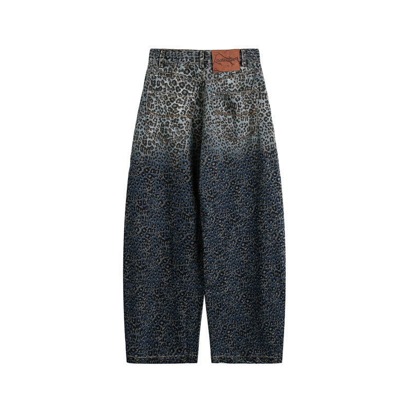 Damen Kurzgeschnittene Weite Jeans mit hoher Taille und Leopardenmuster Nord Taschen