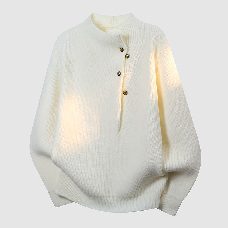 Damen Oversized Feinstrick-Pullover mit asymmetrischer Knopfleiste und Stehkragen Nord Taschen