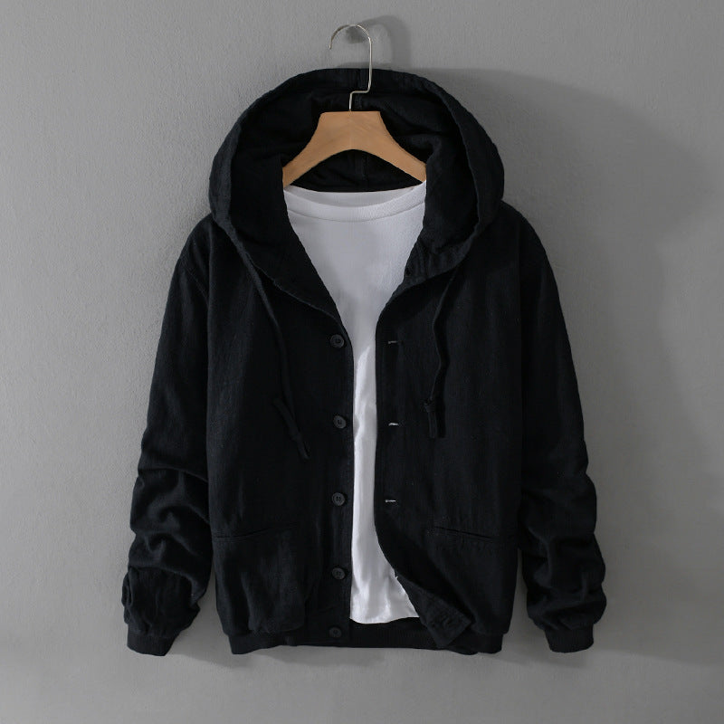 Herren Leichte Leinen-Hoodiejacke mit Knopfleiste und Kordelzug Nord Taschen