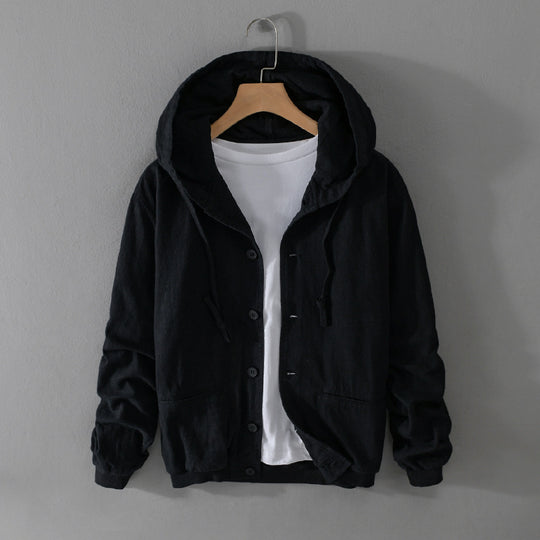 Herren Leichte Leinen-Hoodiejacke mit Knopfleiste und Kordelzug Nord Taschen