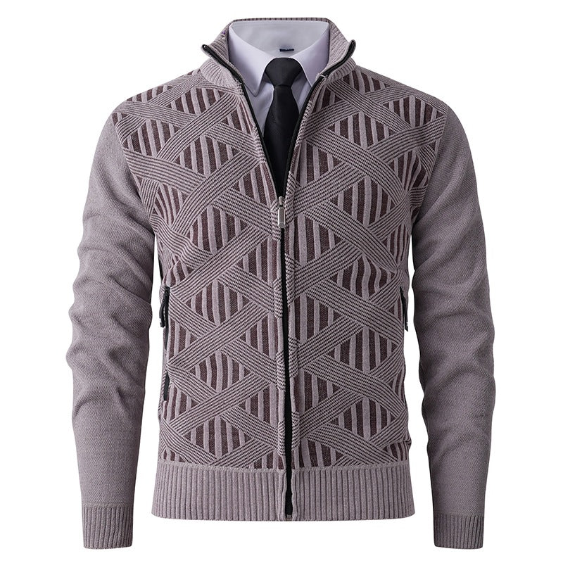 Herren Geometrischer Jacquard-Zipcardigan mit Stehkragen und Reißverschlusstaschen Nord Taschen