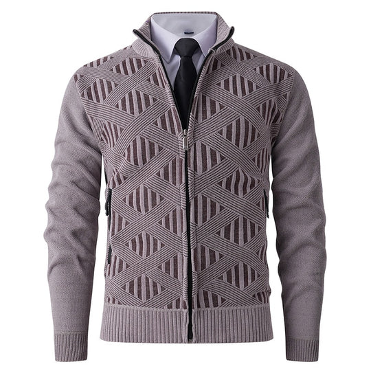 Herren Geometrischer Jacquard-Zipcardigan mit Stehkragen und Reißverschlusstaschen Nord Taschen
