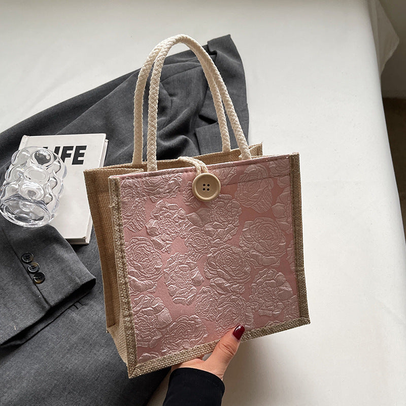 Damen Jute-Tasche mit elegantem Blütenmuster und praktischem Knopfverschluss Nord Taschen