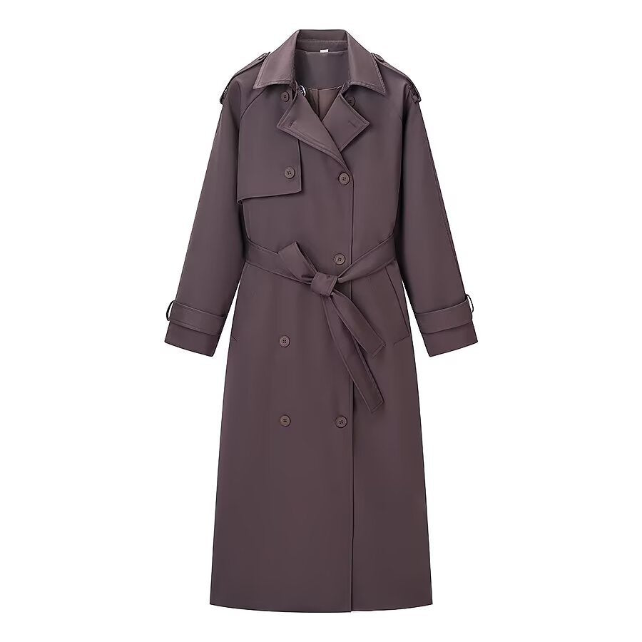 Damen Langer Taillierter Trenchcoat mit Bindegürtel und Doppelreihe Nord Taschen