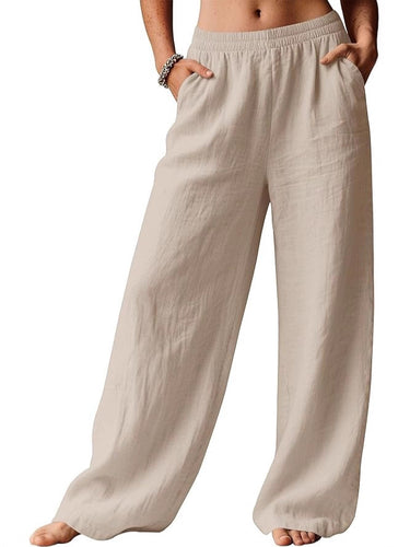 Damen Weite Leinenhose mit elastischem Bund und seitlichen Eingrifftaschen Nord Taschen