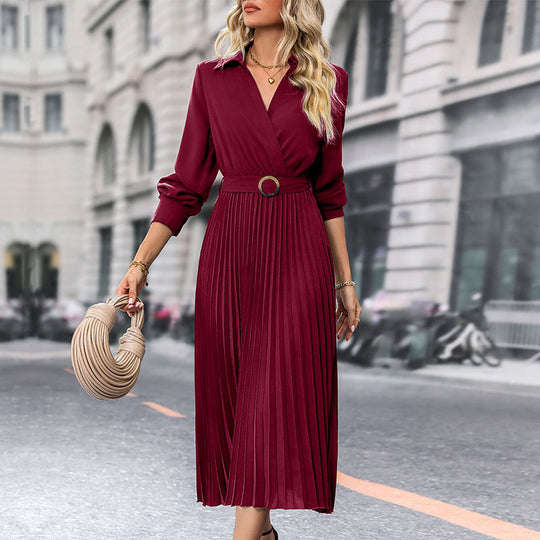 Damen Elegantes Plissee-Kleid mit Gürtel Nord Taschen