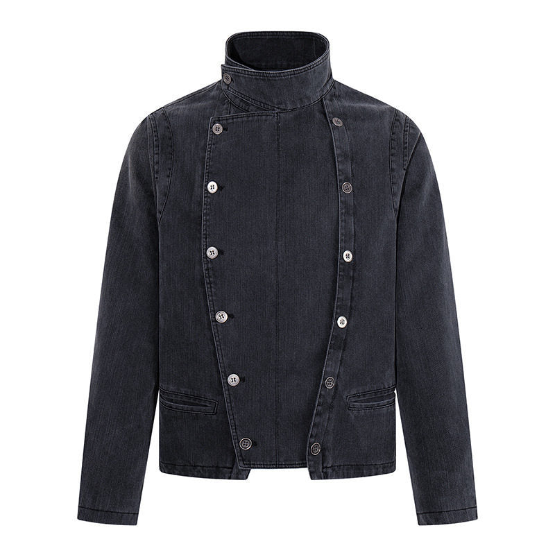 Herren asymmetrische Jeansjacke mit Stehkragen und zweireihiger Druckknopfleiste Nord Taschen