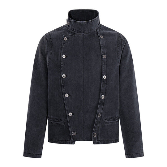 Herren asymmetrische Jeansjacke mit Stehkragen und zweireihiger Druckknopfleiste Nord Taschen