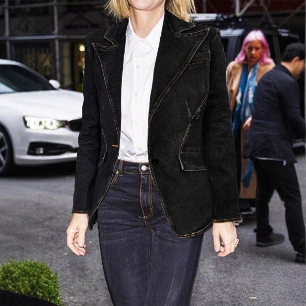 Damen taillierter Denim-Blazer mit Reverskragen und Pattentaschen Nord Taschen