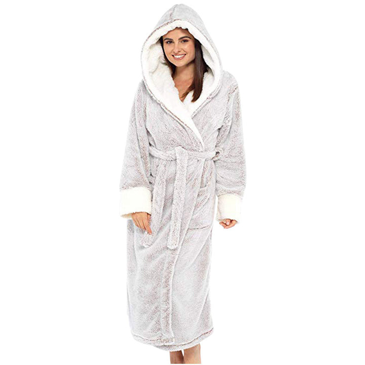 Damen Kuscheliger Fleece-Morgenmantel mit Kapuze und Gürtel Nord Taschen