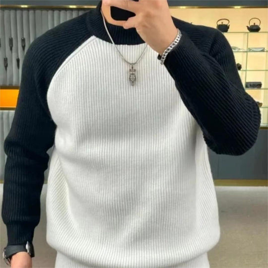 Herren Gerippter Raglan-Pullover mit Kontrastärmeln und kurzem Stehkragen Nord Taschen