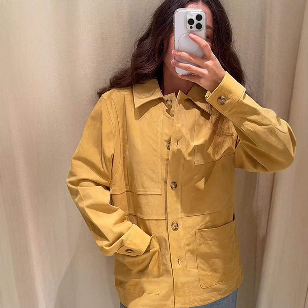 Damen Oversize Baumwoll-Worker-Jacke mit aufgesetzten Taschen Nord Taschen