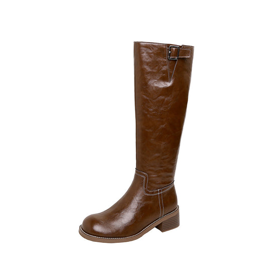 Damen kniehohe Lederstiefel mit Zierriegel, kontrastierender Naht und niedrigem Blockabsatz Nord Taschen