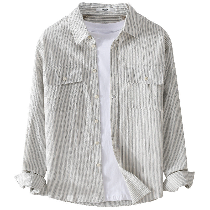 Herren Leichtes Overshirt im Nadelstreifen-Look aus Leinen‑Baumwollmix mit aufgesetzten Brusttaschen Nord Taschen