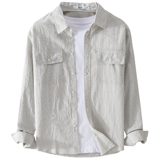 Herren Leichtes Overshirt im Nadelstreifen-Look aus Leinen‑Baumwollmix mit aufgesetzten Brusttaschen Nord Taschen