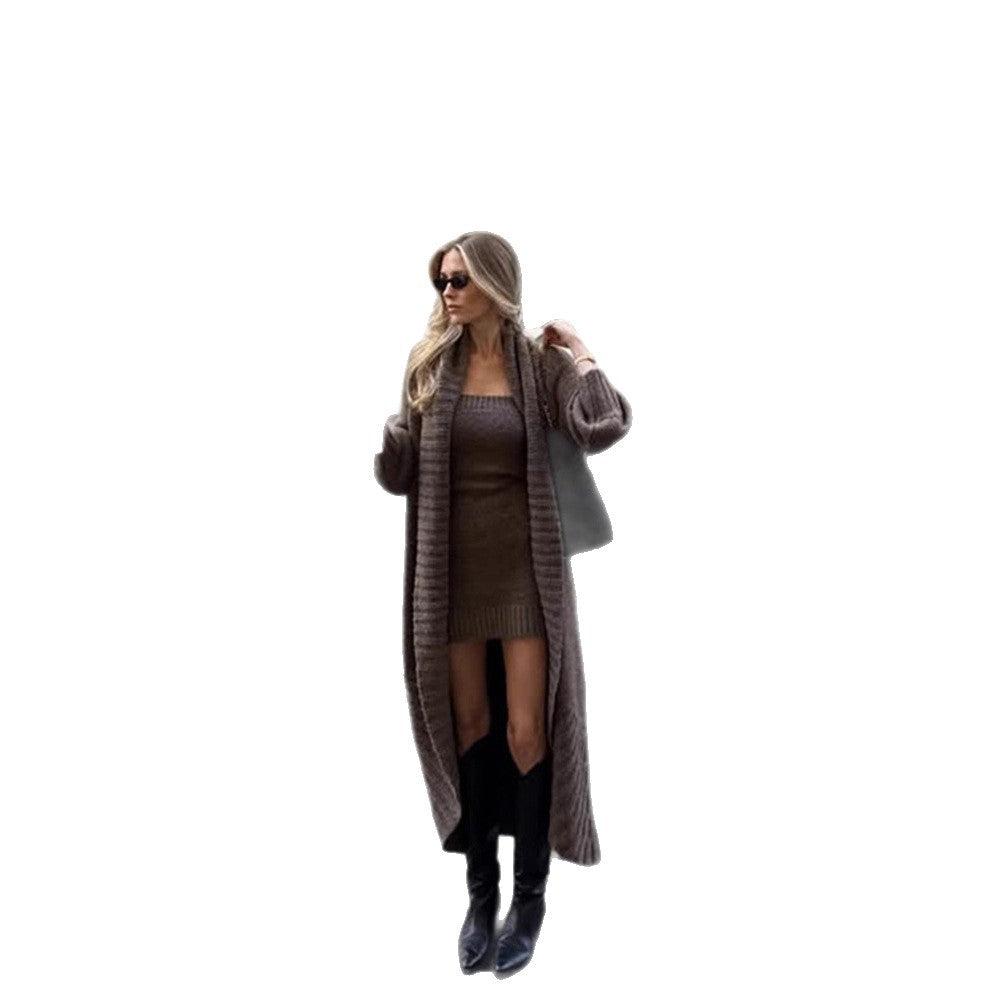 Damen Strick-Set Maxi-Cardigan mit Oversize-Schalkragen und figurbetontem Trägerkleid Nord Taschen