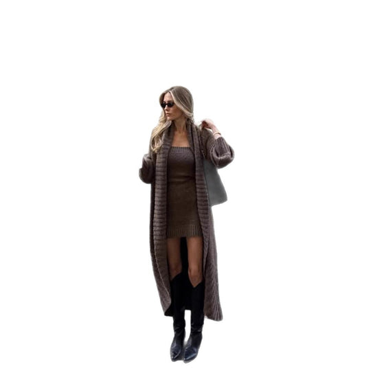 Damen Strick-Set Maxi-Cardigan mit Oversize-Schalkragen und figurbetontem Trägerkleid Nord Taschen