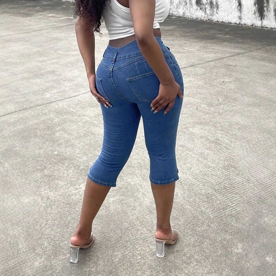 Damen Hochtaillierte, dreiviertellange Stretch-Jeans mit Destroyed-Einsätzen und seitlichem Saumschlitz Nord Taschen
