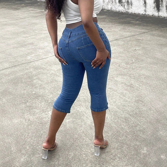 Damen Hochtaillierte, dreiviertellange Stretch-Jeans mit Destroyed-Einsätzen und seitlichem Saumschlitz Nord Taschen