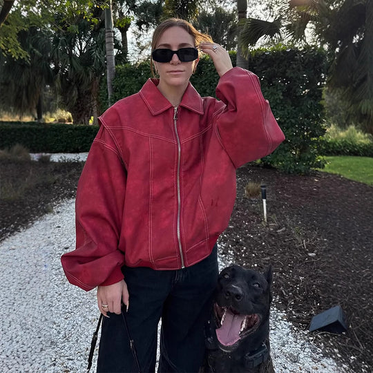 Damen Oversize Veloursleder-Blouson mit durchgehendem Reißverschluss und strukturierter Nahtführung Nord Taschen