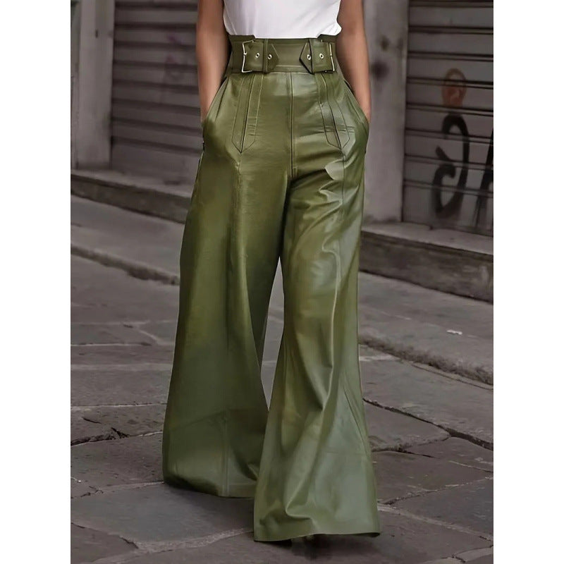 Damen weite High-Waist Palazzo-Hose aus Lederimitat mit Breitbund Nord Taschen