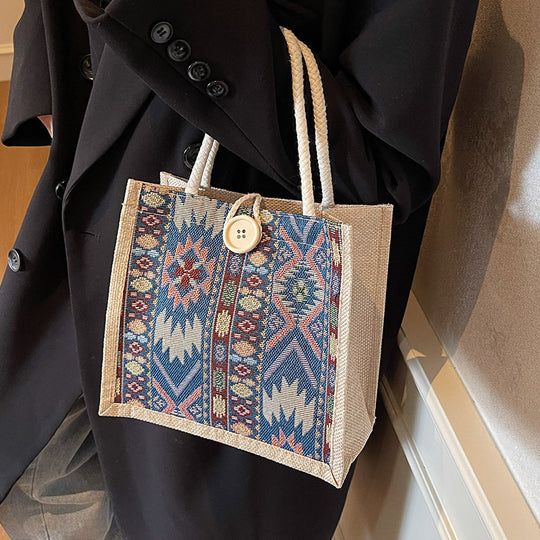 Damen Jute Tragetasche mit kunstvollem Ethnomuster Nord Taschen