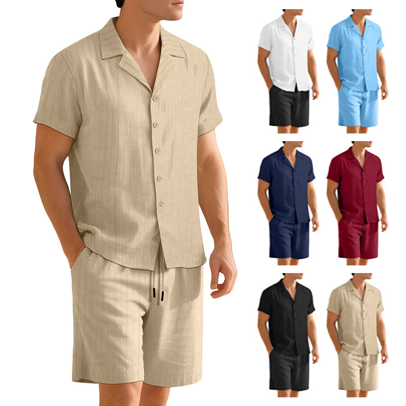 Herren nan Rippenstrick Lounge-Set mit Reverskragen Kurzarmhemd und Komfort-Bermuda Nord Taschen