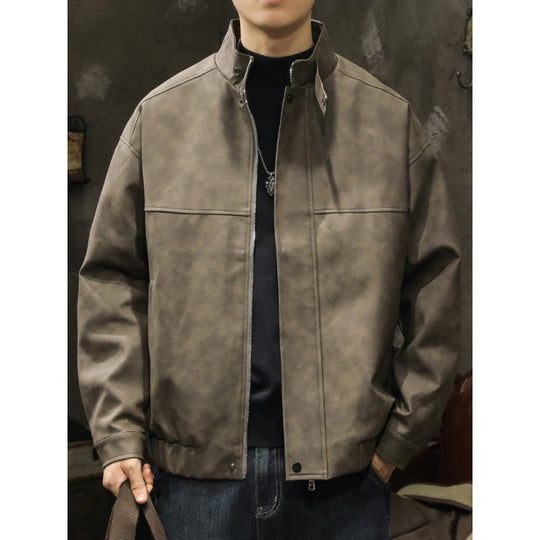 Herren Boxy Lederoptik-Blouson mit verdeckter Reißverschlussleiste, Stehkragen und elastischem Bund Nord Taschen
