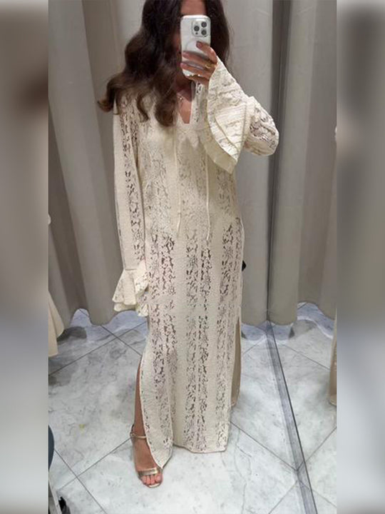 Damen Spitzen-Maxikleid mit V-Ausschnitt, Glockenärmeln und seitlichem Schlitz Nord Taschen